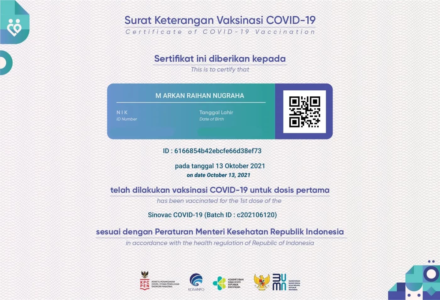 Certificate: COVID-19 Vaccination, First Dose